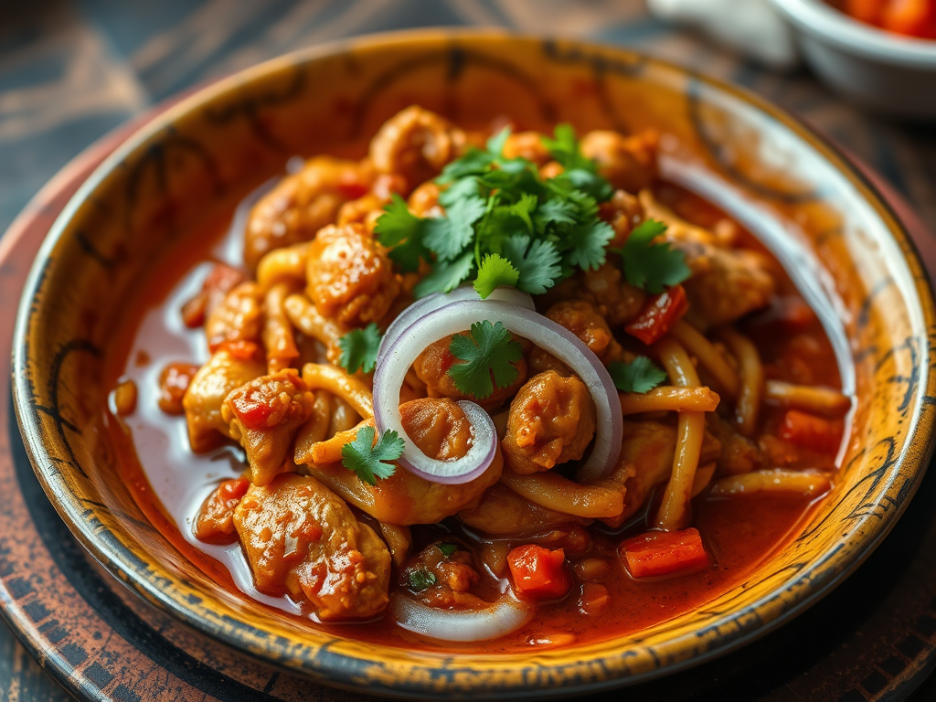 A rustic bowl of Tinga de Pollo featuring tender shredded chicken in a rich tomato and chipotle sauce, garnished with fresh cilantro and sliced onions, served with warm corn tortillas.