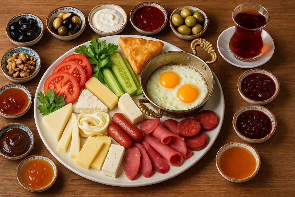 A traditional Turkish breakfast spread featuring a variety of cheeses, fresh tomatoes, cucumbers, two fried eggs, sausages, and assorted jams, accompanied by a glass of black tea and small bowls of olives and nuts, all arranged on a wooden table.